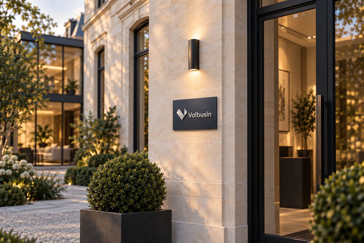 Entrée d'une maison de caractère avec la plaque Valbusin (illustration)
